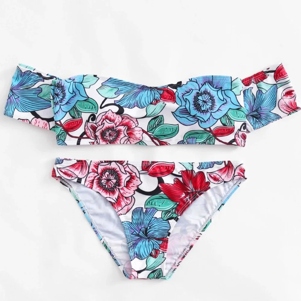 🆕Floral off shoulder strapless bikini set